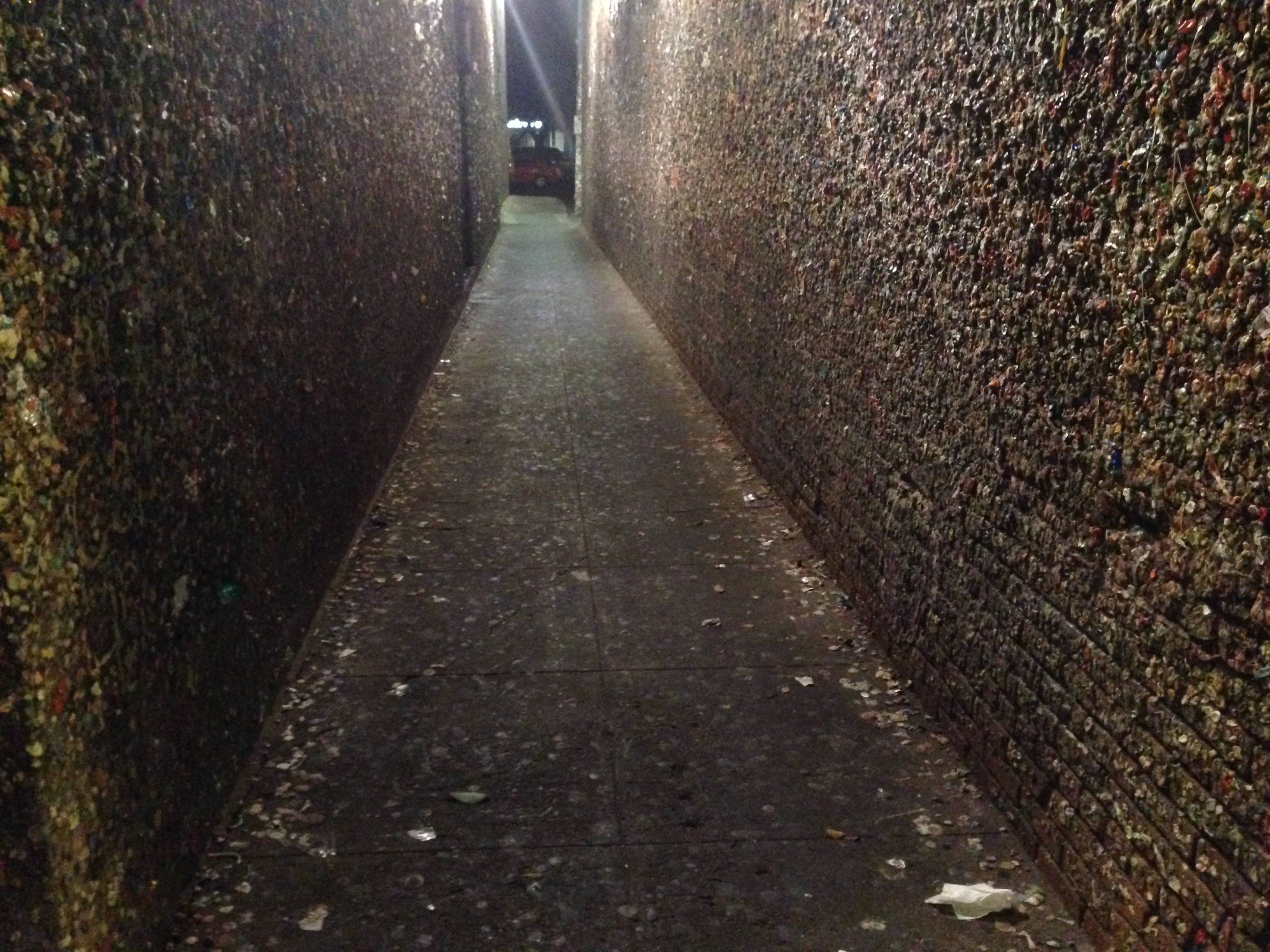 Ebola waiting to happen: in San Luis Obispo, there is an alley where visitors have each stuck their ABC gum. None of us was brave enough to step in, much less plunk any of our product on the wall. Deepak: "It feels like there's a lot of DNA in there."